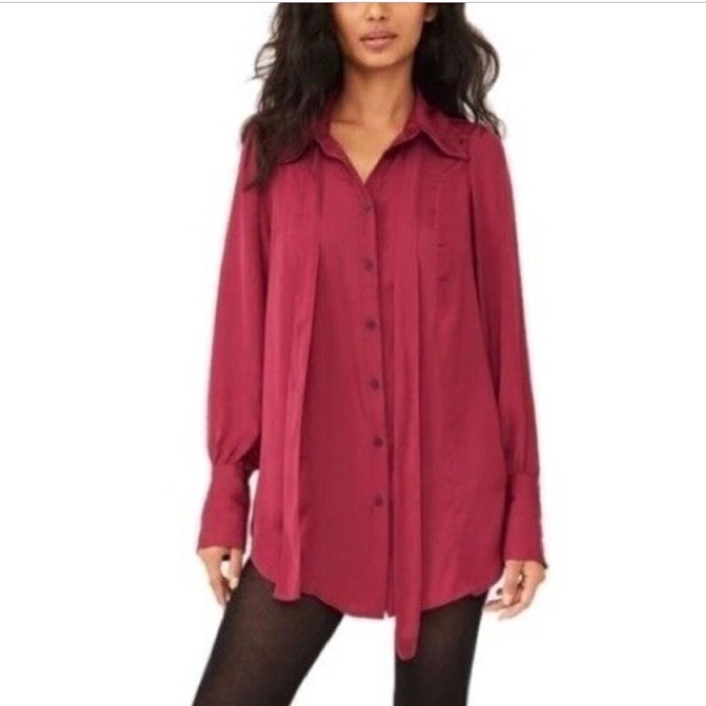 Free People Lala Button Up Long Sleeve Shirt Magenta Red